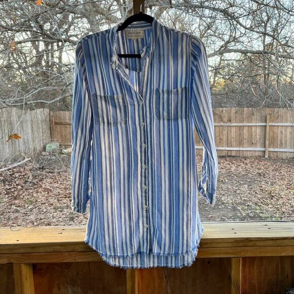 cloth & stone Tops - Cloth & Stone Blue And White Striped Long Sleeve Linen Blend Tunic Top Size XS